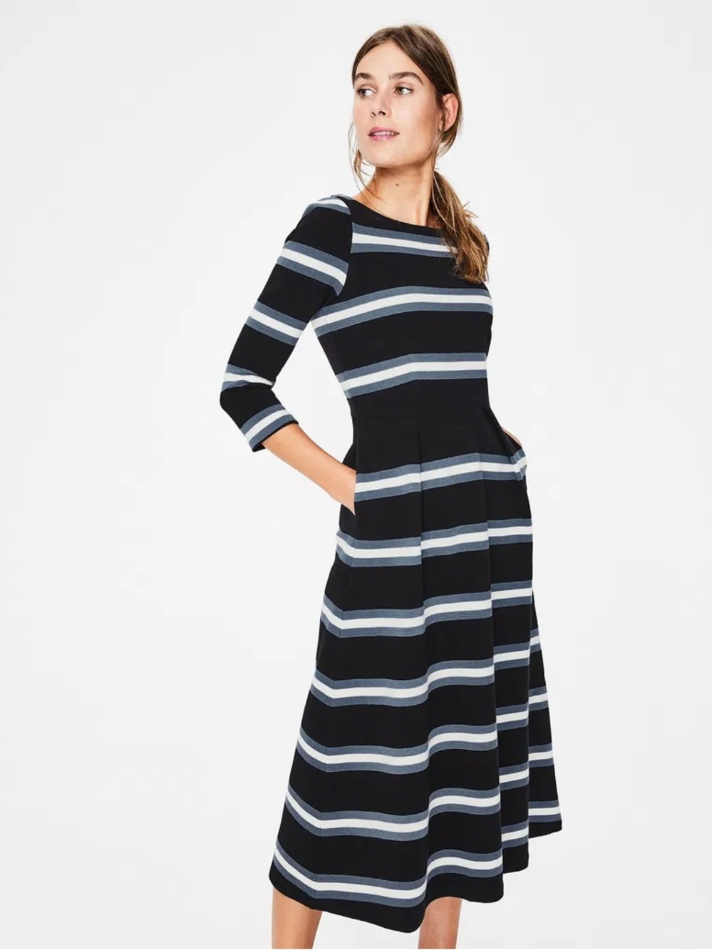 Boden Black Striped Midi Dress with Light Blue and White Bands